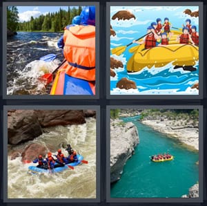 family on river in life jackets, cartoon of people on yellow raft, large rapids with water raging, whitewater sports