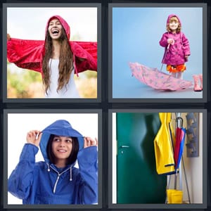 woman in red coat dancing in rain, girl with jacket and umbrella, woman in jacket with hood, coat and umbrella on coat rack