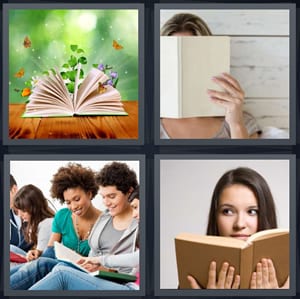 butterflies coming out of book, woman hiding behind white book, group studying in library, woman reading brown book