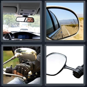 man driving car, sideview mirror on car, motorcycle rider wearing leather gloves, mirror