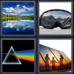 lake view with mountains and pines, ski goggles with mountains and snow, triangle with rainbow dark side of moon, solar panels with kids playing
