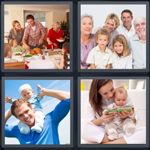 holiday dinner together, extended family with many generations, father and son, mother with baby