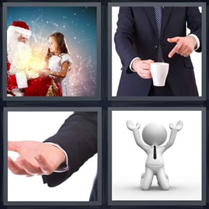 girl sitting on Santas lap, man pointing at empty coffee cup, man with hand outstretched, cartoon of man begging
