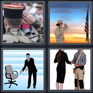 soldier back of head, woman military saluting American flag, woman shaking hand of plumber