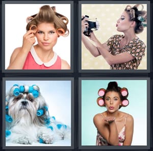 woman in velcro curlers, antique woman taking photo of self, dog with blue curlers, woman blowing kiss