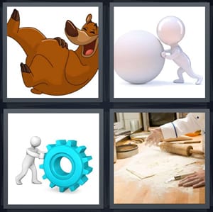 cartoon bear on floor laughing, man pushing large ball, man pushing blue gear, chef baking pie with dough