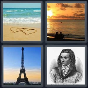 hearts drawn on sand, couple sitting at ocean during sunset, Eiffel Tower in Paris, old fashioned pencil drawing of man