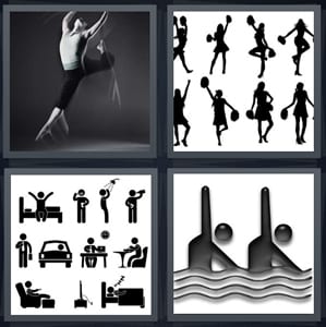 dancer doing floor exercise, cheerleaders with pom poms, daily schedule for one man, swimmer icons in water