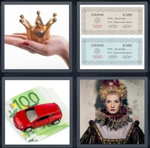 gold crown in hand, coupon for $1000, car on 100 euro bill, queen with large collar