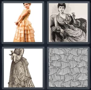 little girl in fancy dress, drawing of lady in Victorian time, woman with bustle on dress, layers of old dress