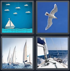 paper boat cartoon, seagull flying in blue sky, port with several ships, yacht breaking waves on lake