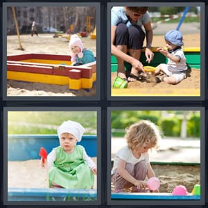 little girl playing in box, mother with baby at playground, baby with red shovel, girl digging in sand