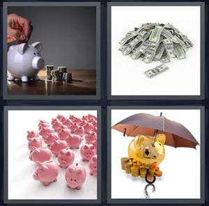 piggy bank with coins, stack of dollar bills, piggy banks, bank with coins under umbrella