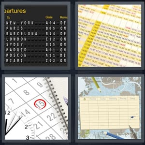 departure table at train station or airport, timetable for train, calendar with date circled, weekly calendar