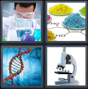 chemist with beakers, powder with chemist formulas, DNA double helix, microscope