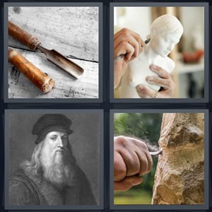 tools for carving, molding clay into bust, painting of artist, carving wood to make something