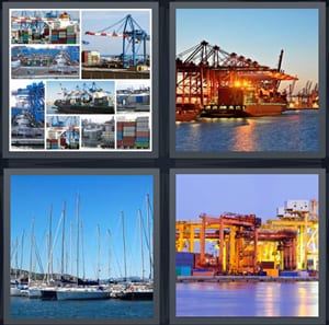 transport shipping, shipping dock, yachts in port, barge with large shipping containers