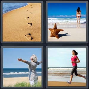 footprints in sand on beach, starfish at ocean, joyful woman at beach with arms wide, woman jogging on beach