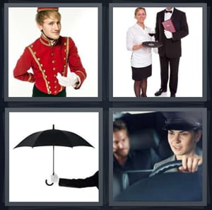 bellboy in red jacket with hat, waiters at fancy restaurant with wine, butler holding umbrella, driver in limo