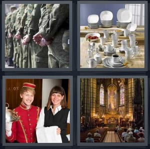 army soldiers in uniform in line, plates and cups for dinner, hotel staff bellboy maid, church or large cathedral