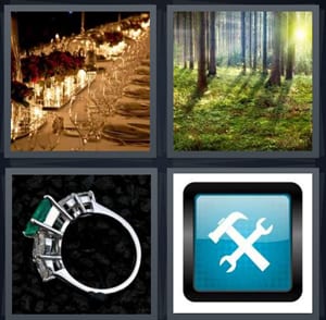 wine glasses at fancy dinner, forest with sunlight in trees, emerald stone silver ring, tool icon on computer