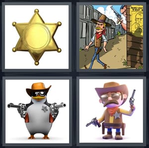 star gold badge, wild west saloon wanted sign, penguin with badge and guns, cartoon cop with hat