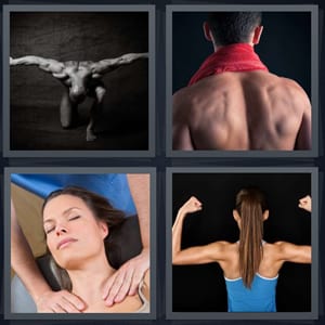 muscular man, back of man wearing towel, woman getting massage, strong woman with large biceps