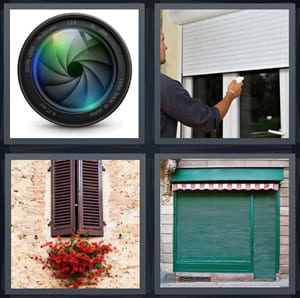 camera lens close up, blinds closing on window, outdoor window with flowers, shop closed with green gate down