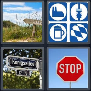 sign for path made of wood, icons for directions, street sign with road name, stop sign