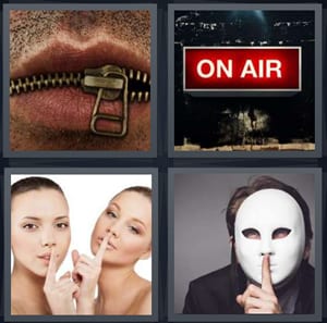 zipped mouth shut, on air sign for TV or radio, women making shhh sign, man wearing white mask