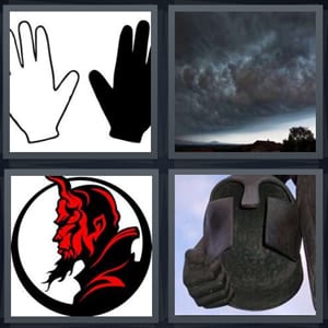 black and white glove hands, storm clouds grey dark, devil in circle, armor mask