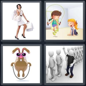 woman in white dress shopping, cartoon of girls playing jumprope, bunny with glasses and rope, man cutting line