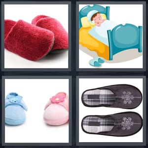 fuzzy red house shoes, cartoon boy in bed sleeping, baby shoes pink and blue, house shoes with snowflake design