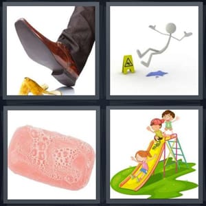 man about to fall on banana, cartoon stick figure falling down, bath soap with bubbles, kids playing on slide in park