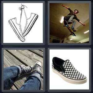 drawing of shoes tied together, man skateboarding jumping high, Converse shoes and jeans, slip on checkered shoe