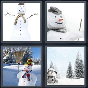 man made of snow white, Frosty with cap and carrot, man with broomstick, winter scene with pine trees