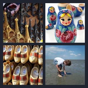 boy looking for shells on beach, models of Eiffel Tower for sale, Russian nesting doll, wooden clog shoes from Holland