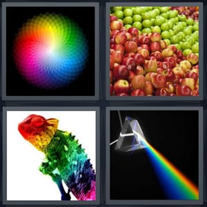 rainbow color wheel, green and red apples, chameleon lizard with rainbow, prism refracting rainbow