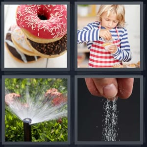 frosted donuts, young kid baking cupcakes, water splashing out of hose, man putting salt on food