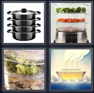 black pots stacked, vegetables in glass container, leftovers with broccoli, boat with steam coming up