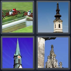 horse racing derby with jockeys, clock on tall building, tower with green top, Gothic cathedral