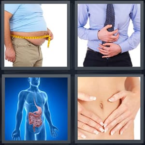fat man with tape measure, man with tie and ache in midsection, intestine on human body, woman with hands on belly