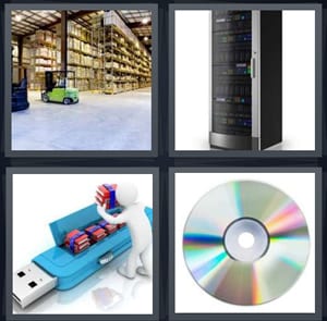 warehouse with boxes, tall computer tower, USB drive with books inside, blank CD