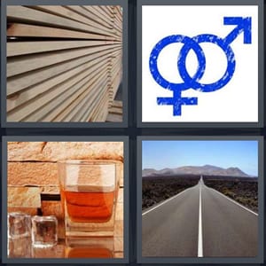 lumber stacked wood, man and woman heterosexual symbol, whiskey no ice, road with mountains in distance
