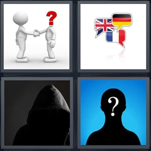 question mark as head, conversation bubbles with different languages, man wearing dark hood, unknown profile photo
