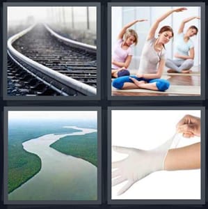 train track close up, women doing yoga with arms over head, Amazon river in jungle, snapping white rubber glove