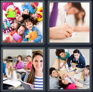 kids with heads together in classroom, woman writing with pen, woman in class with books, teenagers at school