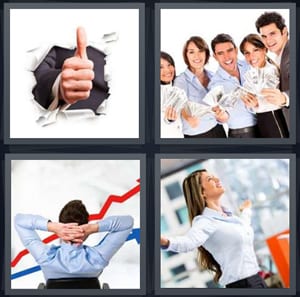 thumbs up coming through paper, business team holding money, man watching increase, happy woman with arms open