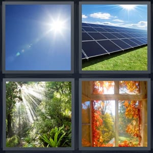 bright sun shining in blue sky, solar array panels in field, sun in forest green trees, autumn fall leaves in window