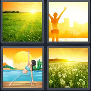sun over field, woman stretching in morning in city, cartoon of woman doing yoga, dandelions in field with sun